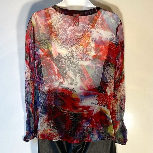 Casual Studio SZ M Navy /red abstract sheer button front blouse artsy graphic - Picture 4 of 9